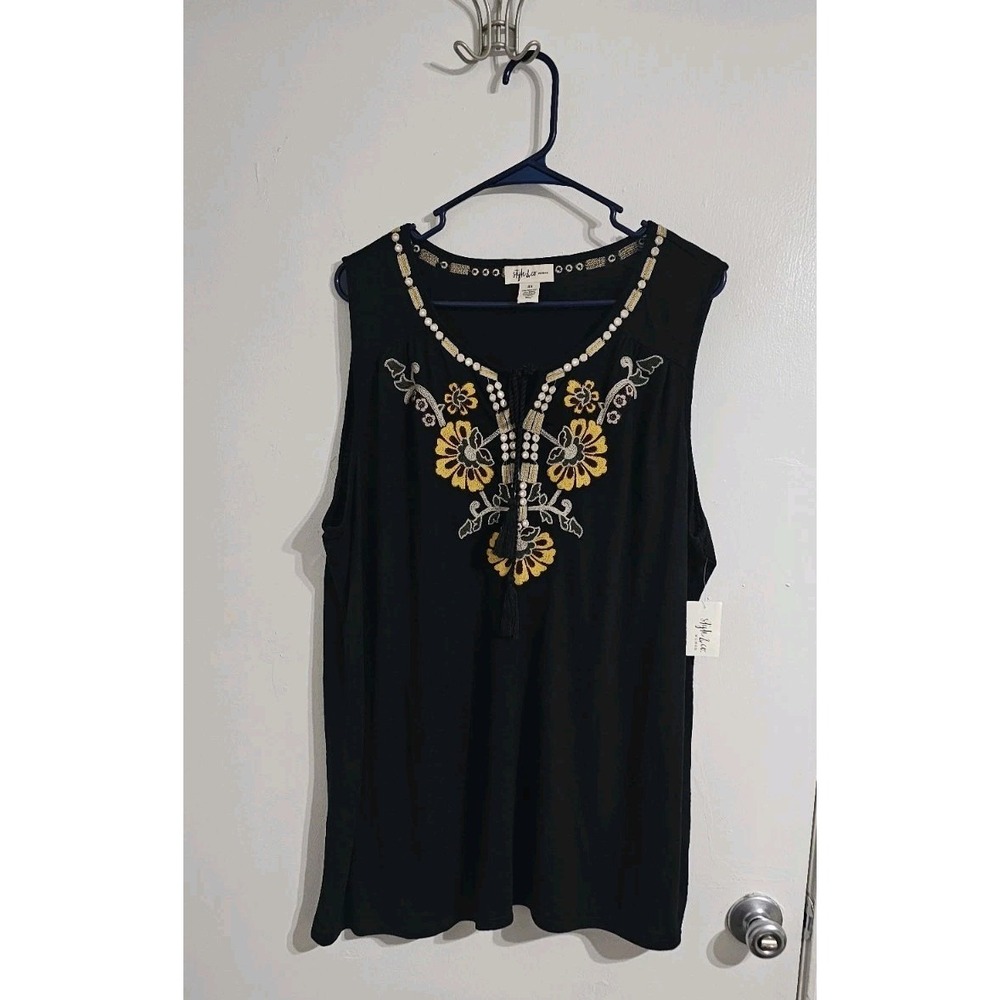 Style & Co‎ Embroidered Tropic Travels Tassel Tie Boho Top Womens Size 2X Black